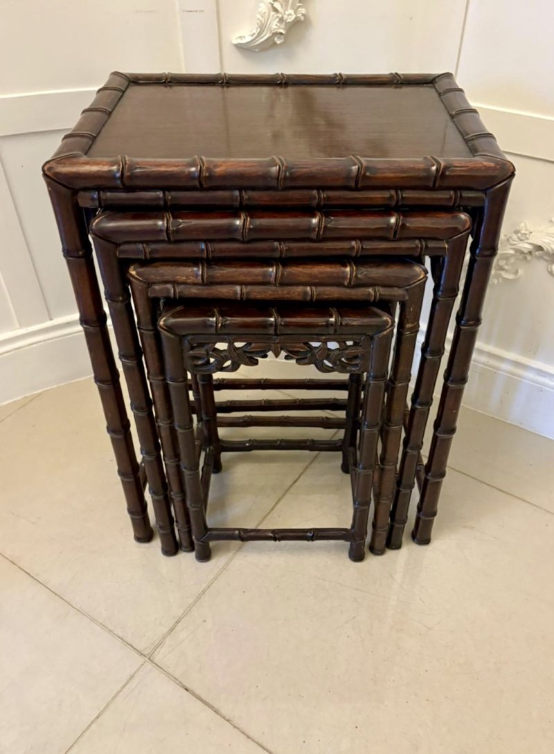 Antique 19th Century Oriental Carved Faux Bamboo Freestanding Nest of Tables